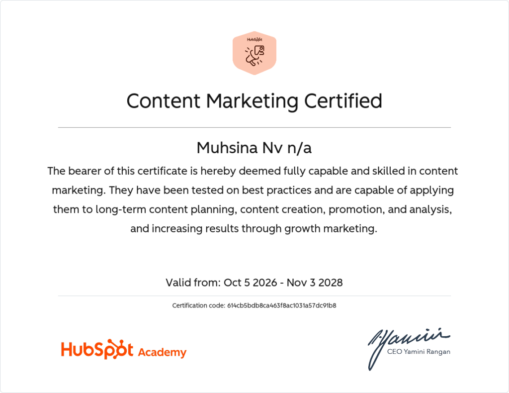 hubspot certificate best freelance digital marketer in thrissur